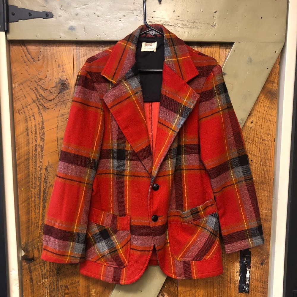 90s Orange Tartan Wool Blazer